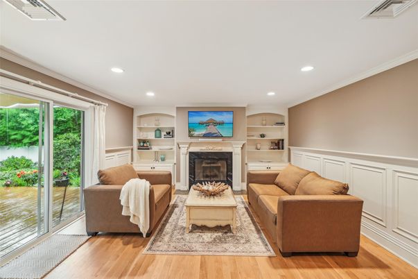 Fireplace, Interior, Living room, Recessed Lighting, Wood Texture Flooring