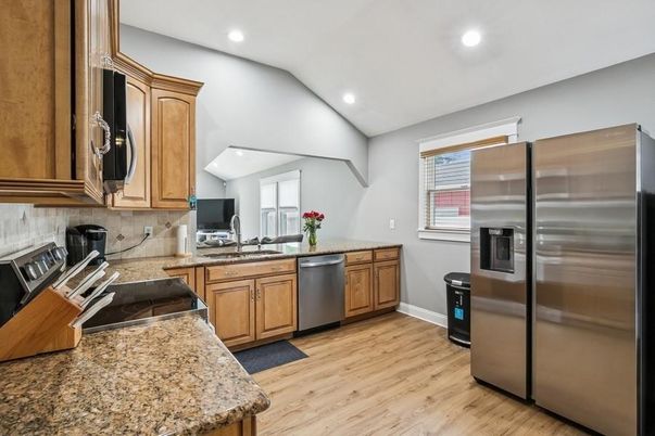 Interior, Kitchen, Recessed Lighting, Stainless Steel Appliances, Wood Texture Flooring