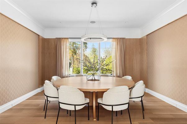 Dining room, Interior, Pendant Lights, Wood Texture Flooring