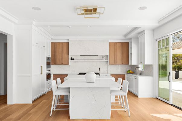 Dining room, Interior, Kitchen, Marble Walls, Recessed Lighting, Wood Texture Flooring