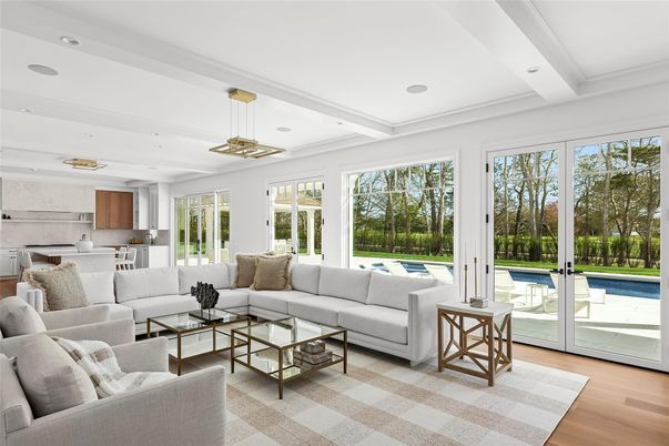 Interior, Kitchen, Living room, Marble Walls, Pendant Lights, Recessed Lighting, Wood Texture Flooring