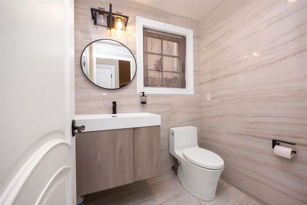Bathroom, Interior, Marble Walls, Wood Texture Flooring
