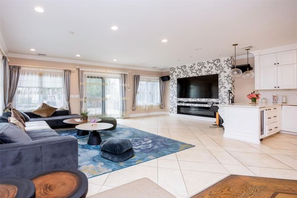 Fireplace, Interior, Kitchen, Living room, Pendant Lights, Recessed Lighting