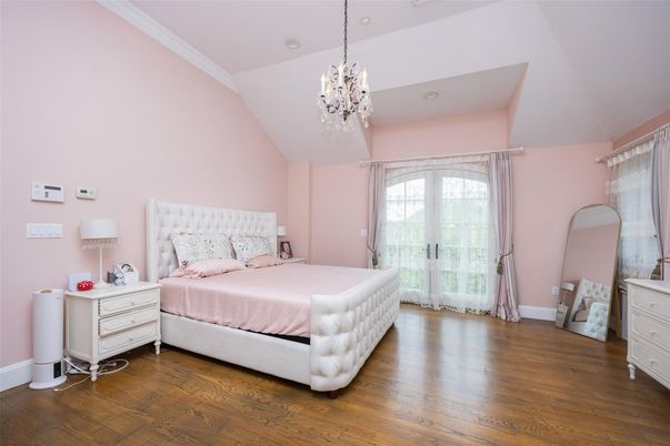 Bedroom, Chandelier, Interior, Recessed Lighting, Wood Texture Flooring