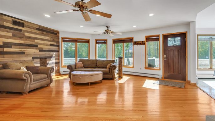 Interior, Living room, Recessed Lighting, Wood Texture Flooring, Wooden Walls
