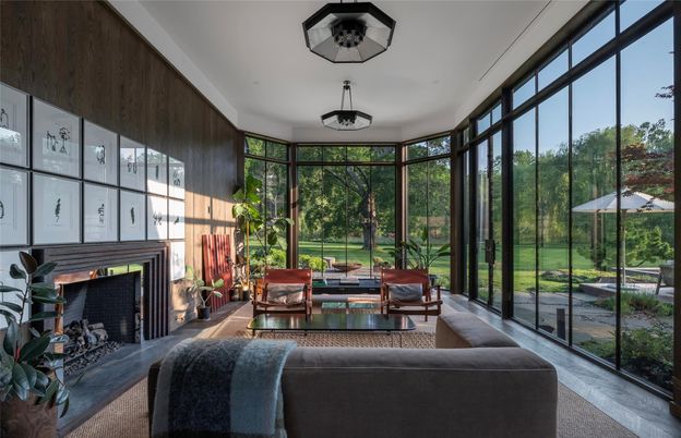Fireplace, Interior, Living room, Sun Room, Wood Texture Flooring