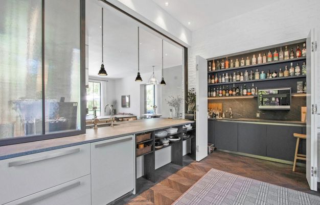 Interior, Kitchen, Pendant Lights, Recessed Lighting, Wood Texture Flooring