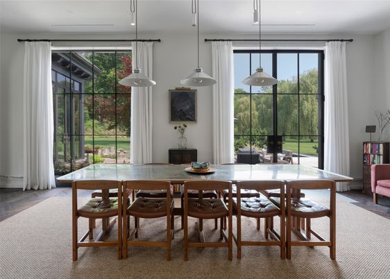 Dining room, Interior, Pendant Lights, Recessed Lighting, Wood Texture Flooring