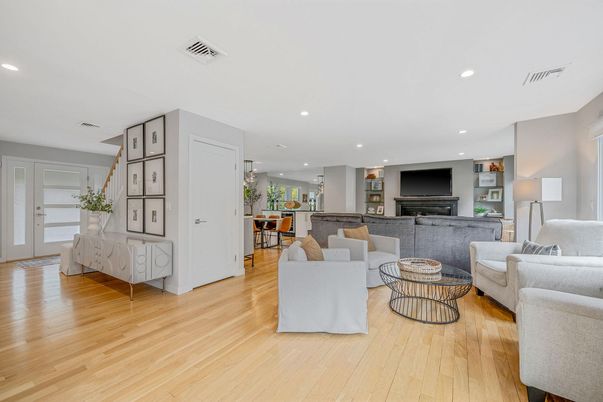 Dining room, Interior, Living room, Recessed Lighting, Wood Texture Flooring