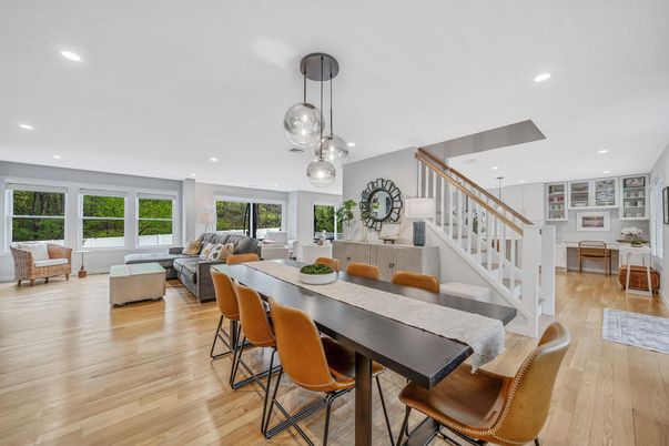 Dining room, Interior, Living room, Pendant Lights, Recessed Lighting, Wood Texture Flooring