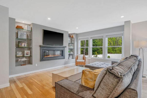 Fireplace, Interior, Living room, Recessed Lighting, Wood Texture Flooring