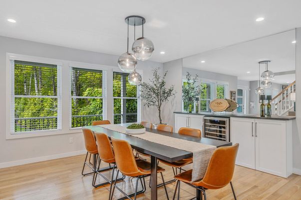 Dining room, Interior, Pendant Lights, Recessed Lighting, Wood Texture Flooring