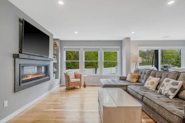 Fireplace, Interior, Living room, Recessed Lighting, Wood Texture Flooring
