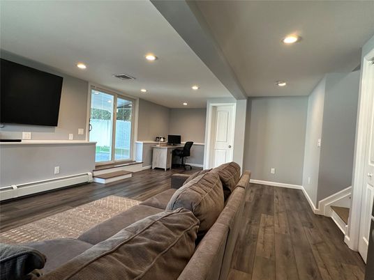 Home Office, Interior, Living room, Recessed Lighting, Wood Texture Flooring