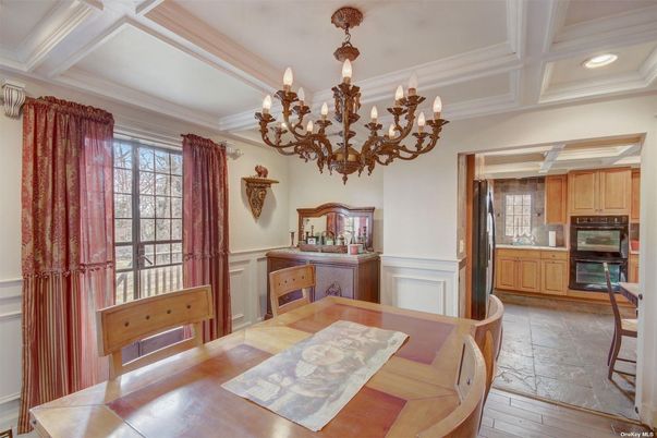 Chandelier, Dining room, Interior, Recessed Lighting, Wood Texture Flooring