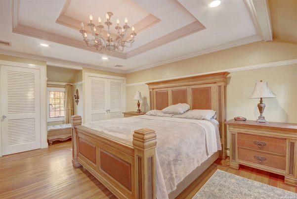 Bedroom, Chandelier, Interior, Recessed Lighting, Wood Texture Flooring