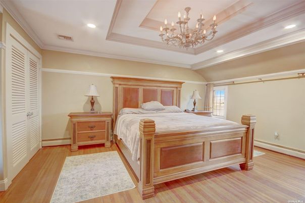 Bedroom, Chandelier, Interior, Recessed Lighting, Wood Texture Flooring