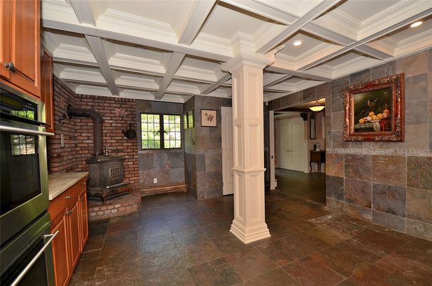 Fireplace, Interior, Recessed Lighting, Stone Walls