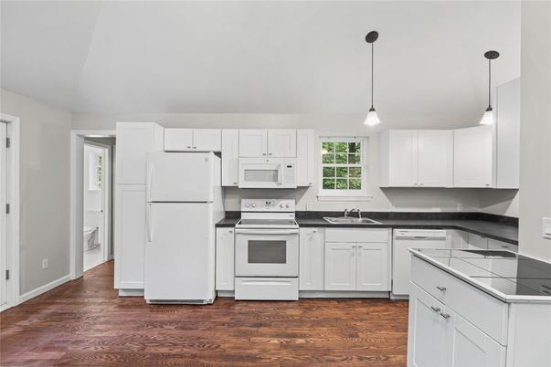 Interior, Kitchen, Pendant Lights, Wood Texture Flooring