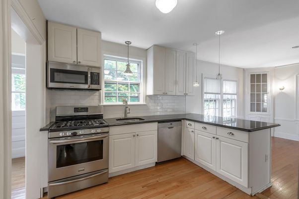 Interior, Kitchen, Pendant Lights, Stainless Steel Appliances, Wood Texture Flooring