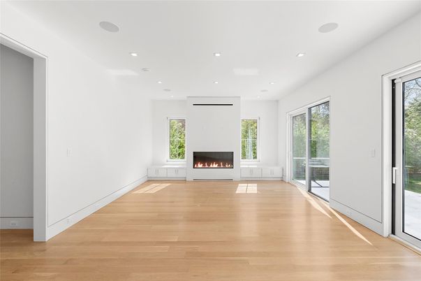 Empty room, Fireplace, Interior, Recessed Lighting, Wood Texture Flooring