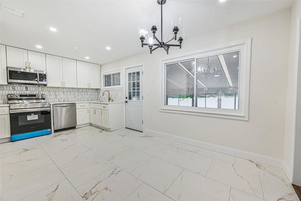 Interior, Kitchen, Marble, Pendant Lights, Recessed Lighting, Stainless Steel Appliances