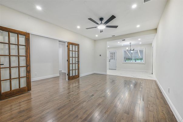 Chandelier, Empty room, Interior, Recessed Lighting, Wood Texture Flooring