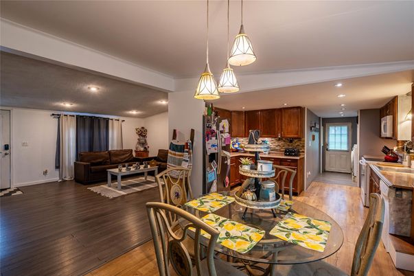 Dining room, Interior, Kitchen, Living room, Pendant Lights, Recessed Lighting, Wood Texture Flooring
