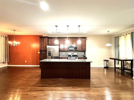 Interior, Kitchen, Pendant Lights, Stainless Steel Appliances, Wood Texture Flooring