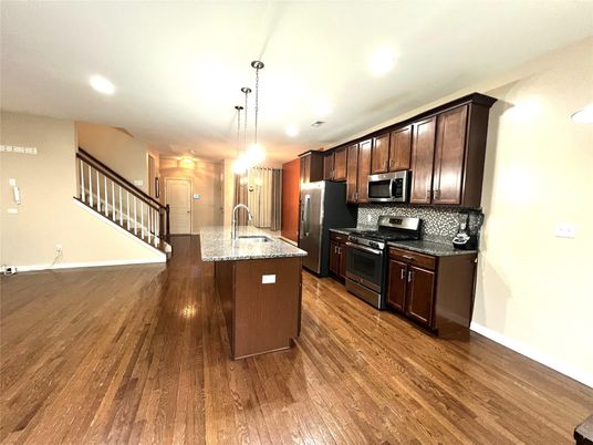 Interior, Kitchen, Pendant Lights, Recessed Lighting, Stainless Steel Appliances, Wood Texture Flooring