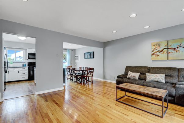 Dining room, Interior, Kitchen, Living room, Recessed Lighting, Wood Texture Flooring