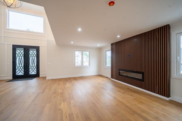 Empty room, Fireplace, Interior, Recessed Lighting, Wood Texture Flooring
