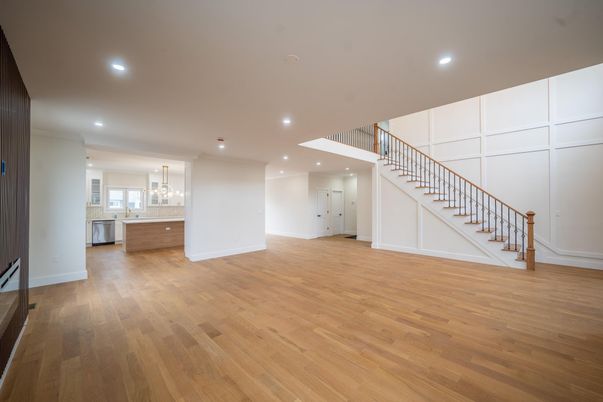Chandelier, Empty room, Interior, Kitchen, Recessed Lighting, Wood Texture Flooring
