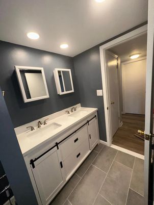 Bathroom, Dual Sink Vanities, Interior, Recessed Lighting, Wood Texture Flooring
