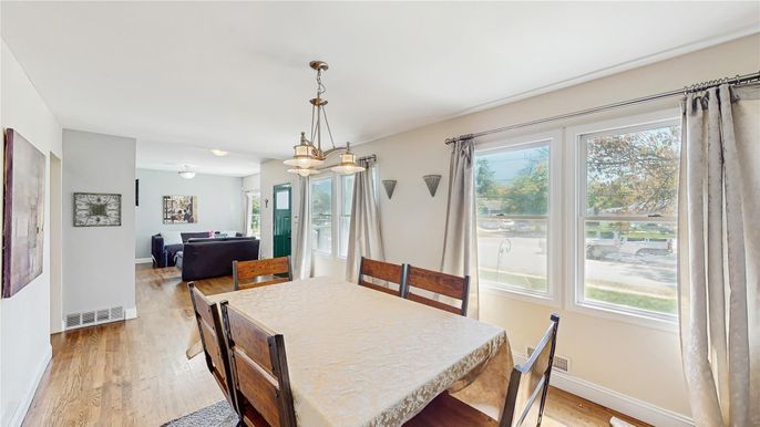 Dining room, Interior, Living room, Pendant Lights, Wood Texture Flooring