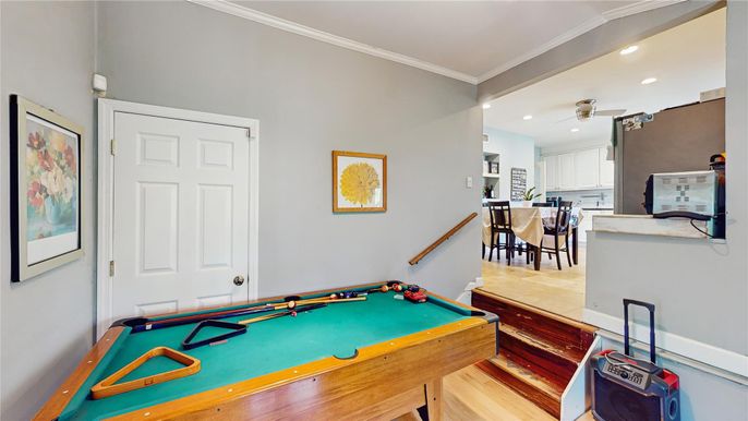 Billiard Table, Game Room, Interior, Recessed Lighting, Wood Texture Flooring