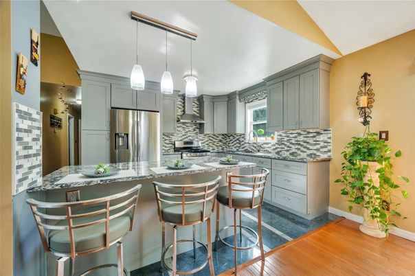 Interior, Kitchen, Pendant Lights, Stainless Steel Appliances, Wood Texture Flooring