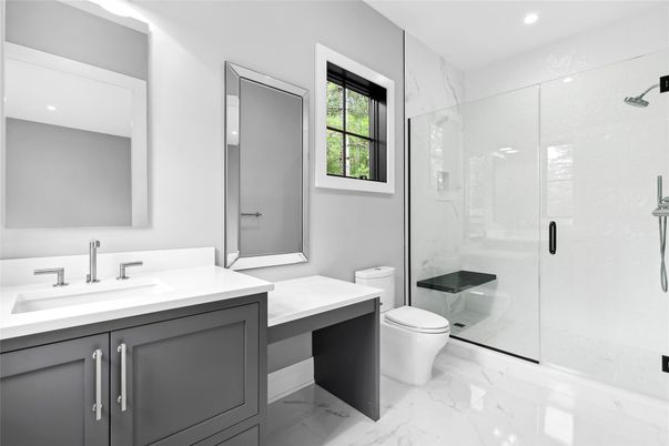 Bathroom, Glass Shower, Interior, Marble, Marble Walls, Recessed Lighting