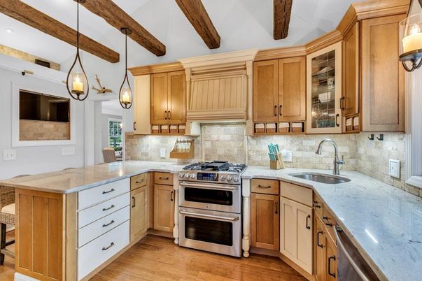 Interior, Kitchen, Pendant Lights, Recessed Lighting, Stainless Steel Appliances, Wooden Beams, Wood Texture Flooring