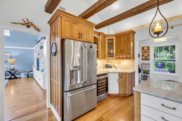 Interior, Kitchen, Pendant Lights, Recessed Lighting, Stainless Steel Appliances, Wooden Beams, Wood Texture Flooring