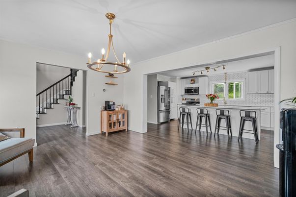 Interior, Kitchen, Pendant Lights, Stainless Steel Appliances, Wood Texture Flooring