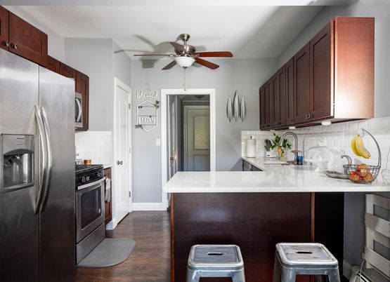 Interior, Kitchen, Stainless Steel Appliances, Wood Texture Flooring