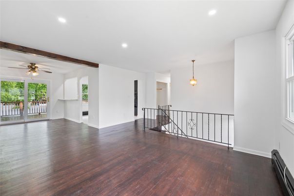 Empty room, Interior, Pendant Lights, Recessed Lighting, Wood Texture Flooring