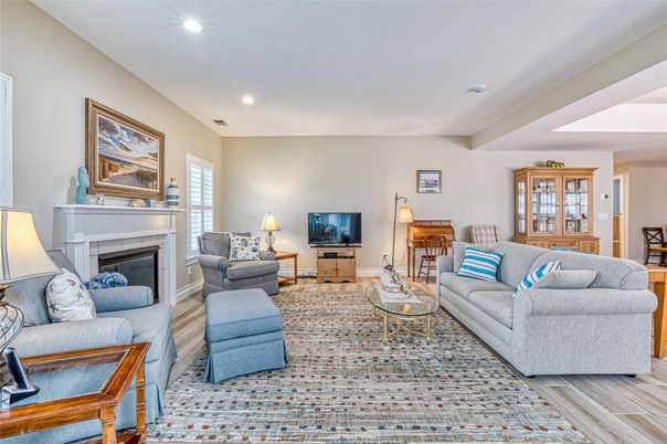 Fireplace, Interior, Living room, Recessed Lighting, Wood Texture Flooring