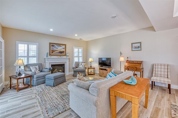 Fireplace, Interior, Living room, Recessed Lighting, Wood Texture Flooring