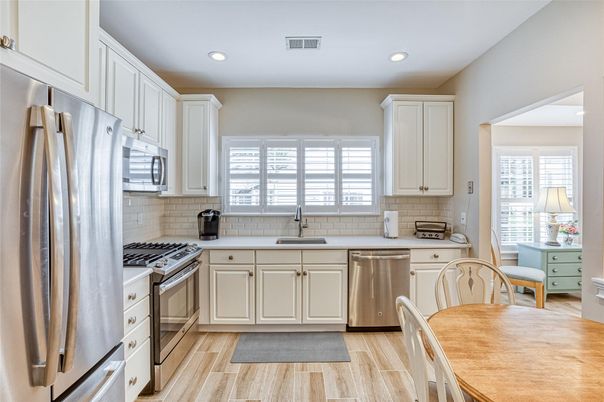 Interior, Kitchen, Recessed Lighting, Stainless Steel Appliances, Wood Texture Flooring