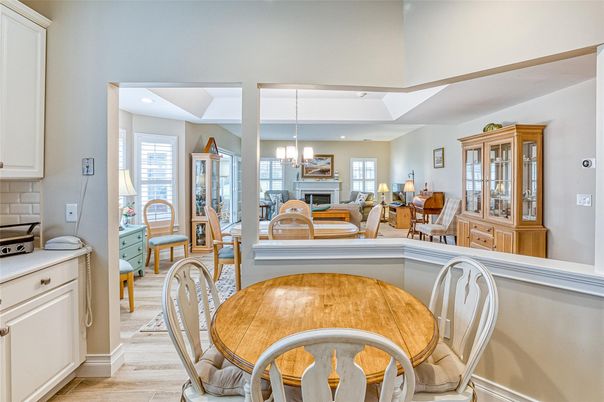 Chandelier, Dining room, Interior, Pendant Lights, Recessed Lighting, Wood Texture Flooring