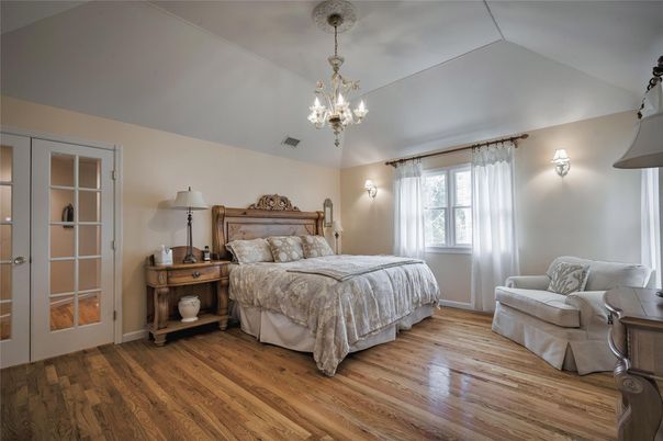 Bedroom, Chandelier, Interior, Wood Texture Flooring