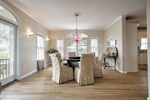 Chandelier, Dining room, Interior, Pendant Lights, Wood Texture Flooring