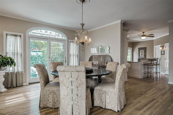 Chandelier, Dining room, Interior, Wood Texture Flooring
